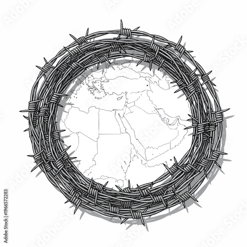 Barbed wire wrapped around earth sphere.