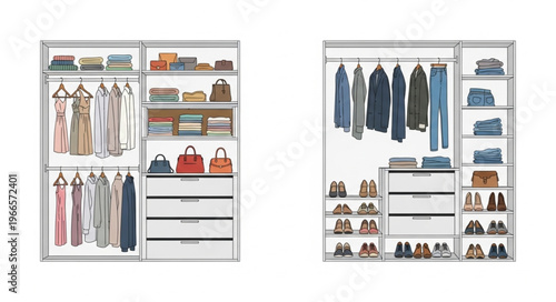 Two Organized Wardrobes with Clothes, Shoes, and Accessories.