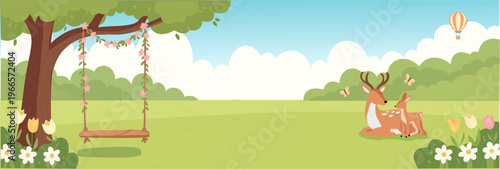 Spring garden panorama with deer family and flower swing. Nature landscape background with butterflies, trees, and hot air balloon. Beautiful park scene with copy space.