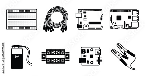 Electronics components and tools vector icons set breadboard jumpers microcontrollers battery terminal block