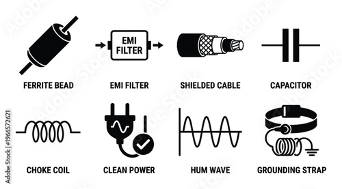 Electronic noise filter components icons set ferrite bead emi filter choke coil and grounding strap