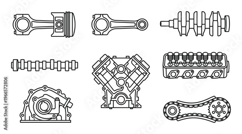 Engine internal components line art icons featuring piston v8 block crankshaft and cylinder head set