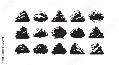 Collection of various cloud shapes and forms in black silhouette