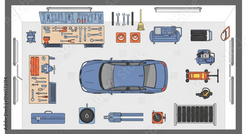 Overhead View of a Well-Organized Garage with Car and Tools.