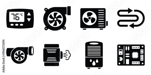 Hvac and climate control system icons including thermostat air conditioner turbo fan and circuit board
