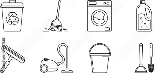 Cleaning service icons set, vacuum mop bucket detergent washing machine tools hygiene housekeeping vector line illustration isolated collection