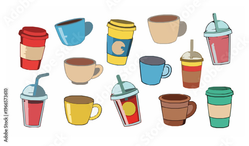 Cartoon beverage cup vector set with colorful coffee tea and smoothie cups playful illustration