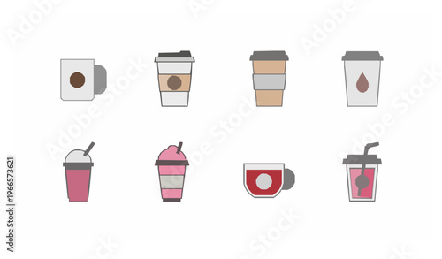 Minimal line beverage cup icon set with coffee tea and takeaway drinks vector illustration