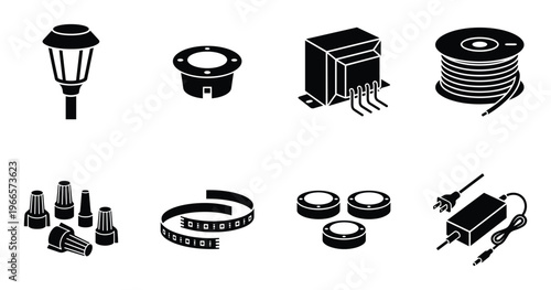 Led lighting equipment collection with outdoor lamp transformer wire connectors and strip lights