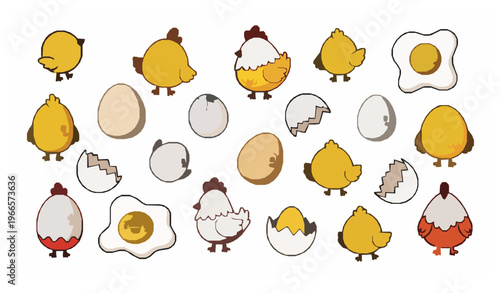 Cartoon chicken and egg vector set with cute poultry characters and playful food illustration