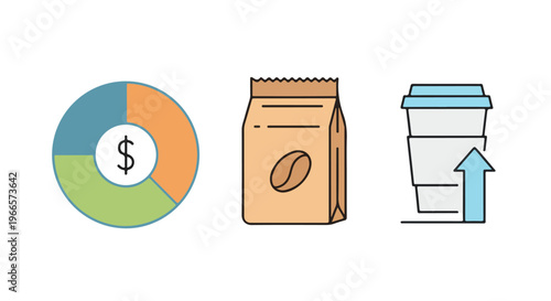 Flat lay of a pie chart with dollar sign, coffee bag, and rising coffee cup with blue lid on white background.