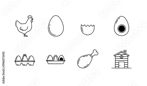 Minimal line chicken and egg icon set with poultry farm food symbols vector illustration