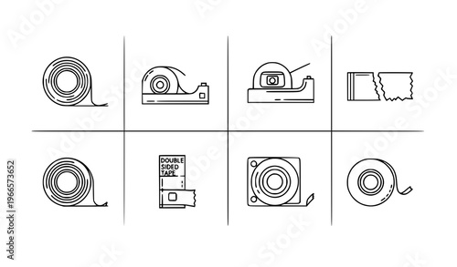 Minimal line adhesive tape icon set with sticky roll dispenser and sealing symbols vector
