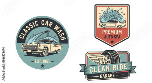 Car Wash Logo Designs Featuring Classic Cars and Automotive Themes.