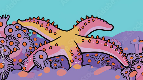 Bright starfish exploring colorful coral reef in ocean water during sunny day near tropical shore