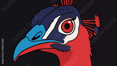 Colorful bird illustration with bold features and unique design in a dark background setting showing its vibrant colors and shapes