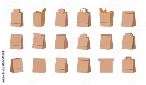 Paper bag vector set with grocery shopping lunch and flat-bottom bags flat design