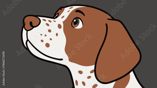 Dog with brown and white spots looks up at something while sitting against a dark background in a simple style