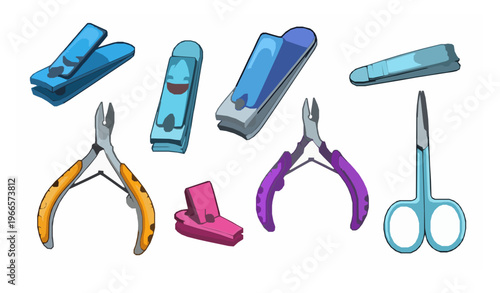 Cartoon nail clipper vector set with colorful manicure tools and playful grooming illustration