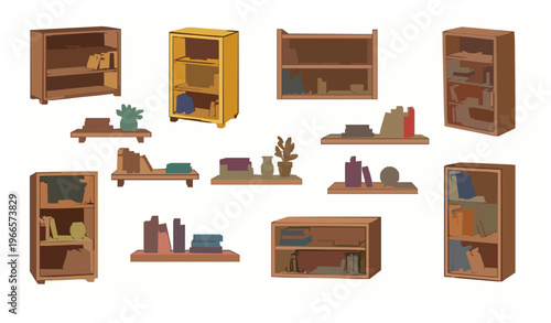Cartoon bookshelf vector set with colorful bookcases shelves and playful furniture illustration