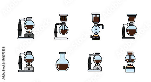 Collection of eight coffee maker illustrations with various designs on a white background.