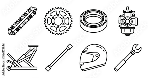 Outline icons for motorcycle service and mechanical parts featuring engine components and workshop