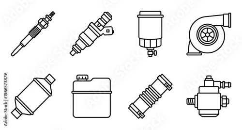 Outline diesel engine part icons collection featuring turbocharger fuel injector and catalytic unit