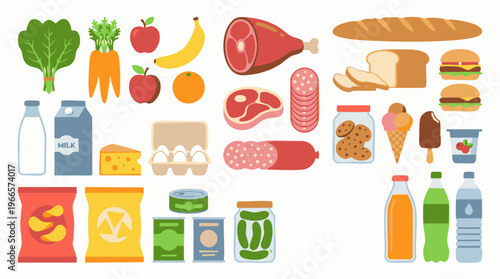 Assortment of various fresh and packaged grocery food items and drinks