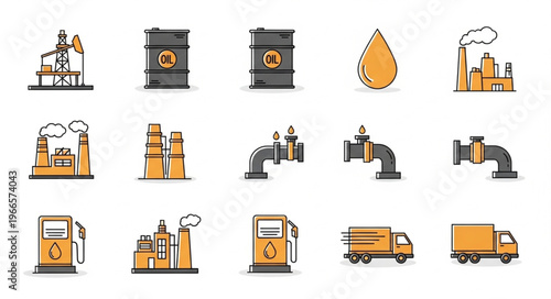 Oil and Gas Industry Icons Set - Extraction, Production, and Transportation.