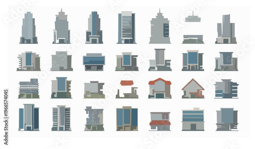 Modern building vector set with city architecture skyscrapers houses and commercial structures flat design