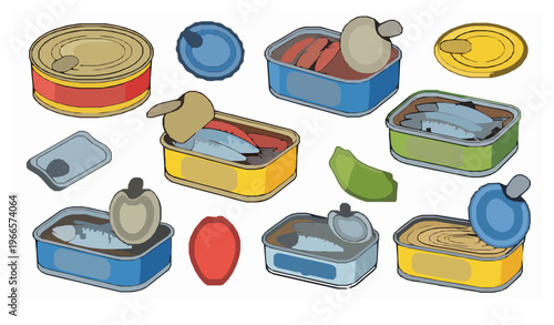 Cartoon canned fish vector set with colorful seafood tins and playful food packaging illustration