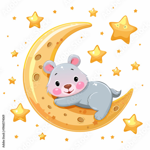 Cute baby bear resting on a crescent moon, surrounded by glowing stars in a dreamy night sky, perfect for nursery decor and children's stories