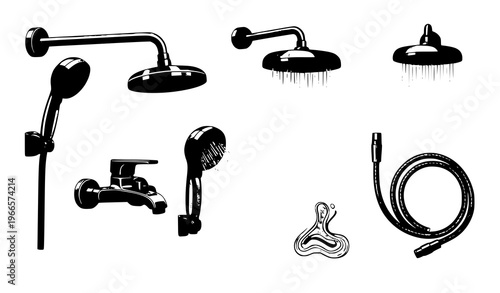 A clean vector illustration featuring a collection of bathroom shower elements arranged in a neat grid layout on a solid white background. The set includes wall-mounted shower head, handheld shower, r
