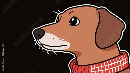 Dog wearing a red sweater looks to the side on a black background during an illustration session for a children's book
