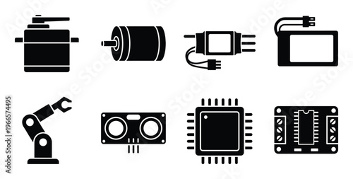 Robotics and electronic components silhouette icons including microchip robot arm sensor and battery