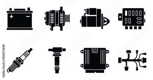 Set of black car parts vector icons. automotive components for vehicle maintenance