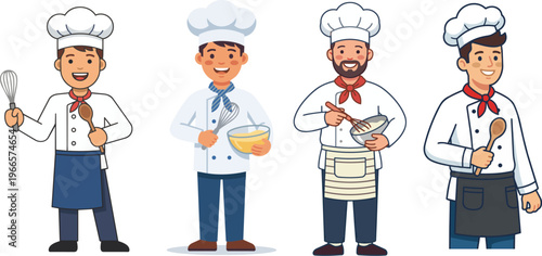 A colorful flat vector set of chef characters in different poses and outfits, designed in a friendly cartoon style, ideal for restaurant branding, menus, and food-related design projects.