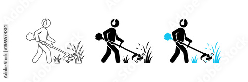 Man Mowing Grass with Brush Cutter Vector Icon Set for Garden Maintenance