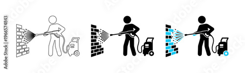 Pressure Washing Service Vector Icon Set of Worker Cleaning Brick Wall with Power Washer Gun