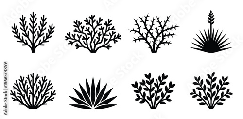 Set of black desert bushes and plant silhouettes icons isolated on transparent background