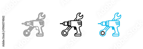 Industrial Construction Power Drill and Wrench Tool Icons for Maintenance and Repair