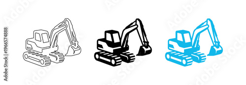 Modern Excavator Vector Icon Set for Construction Industrial Engineering and Building Projects