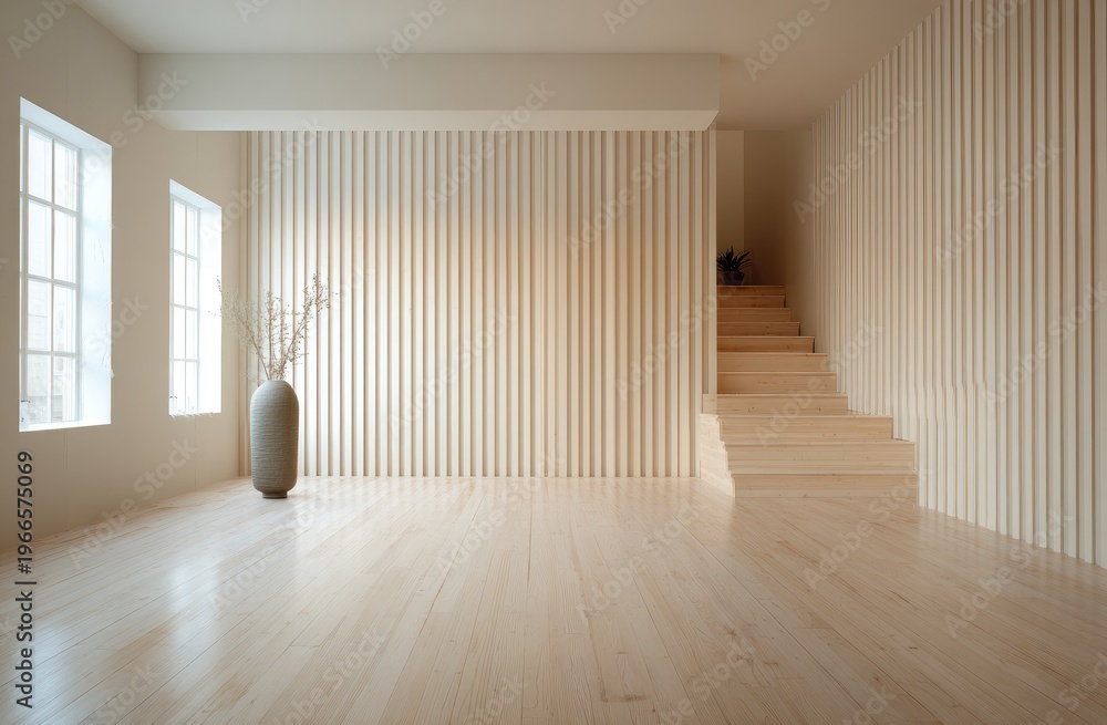 Fototapeta premium Sunlit, minimalist interior with wood accents and modern staircase