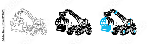 Telehandler with Grapple Bucket Vector Icon Set for Industrial Construction and Forestry Work