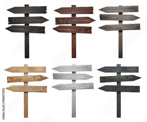 Set of wooden direction signs for navigation and travel guidance, isolated on cutout transparent background
