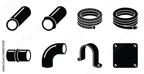 Set of black icons of various pipes, hoses, connections, and clamps used in plumbing