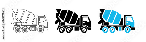 Concrete Mixer Truck Vector Icon Set for Construction and Industrial Engineering Design