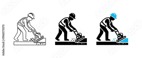 Construction Worker Using Plate Compactor Machine for Soil and Asphalt Compaction Vector Icon Set