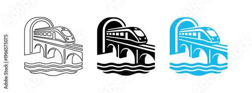 Cuadro en lienzo Modern High Speed Train on Bridge with Tunnel and Water Waves Vector Icon Set fo