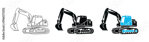 Heavy Excavator Vector Icon Set for Construction Industrial Engineering and Machinery Design